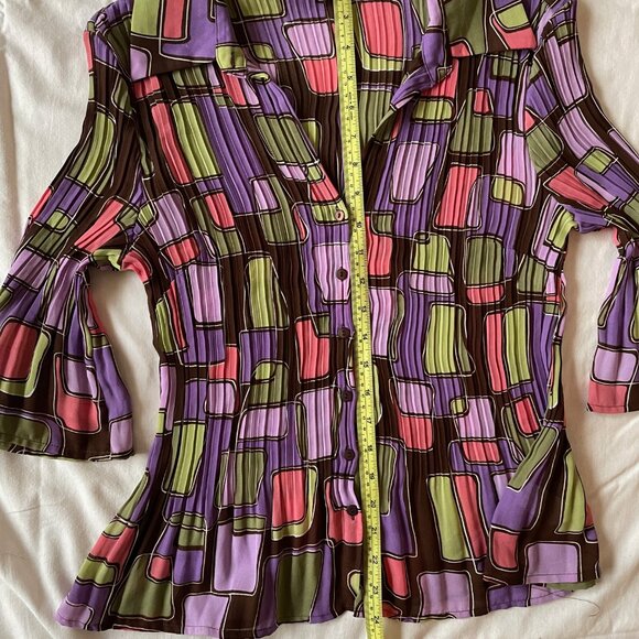 Retro Geometric Square Pleated Blouse 3/4 Bell Sleeves - Picture 6 of 12